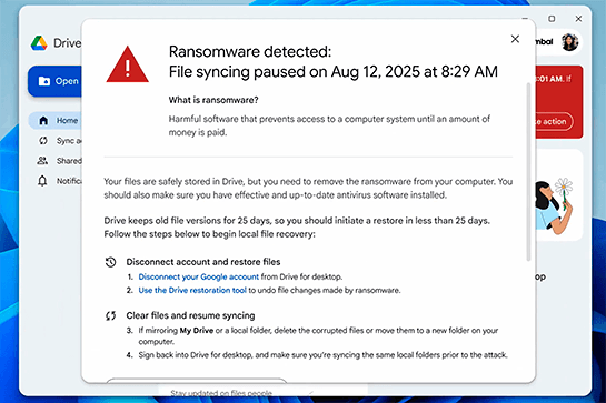 Googleドライブ、AIによるランサムウェア検出と復元機能が正式版に。ランサムウェア検知能力が14倍向上と