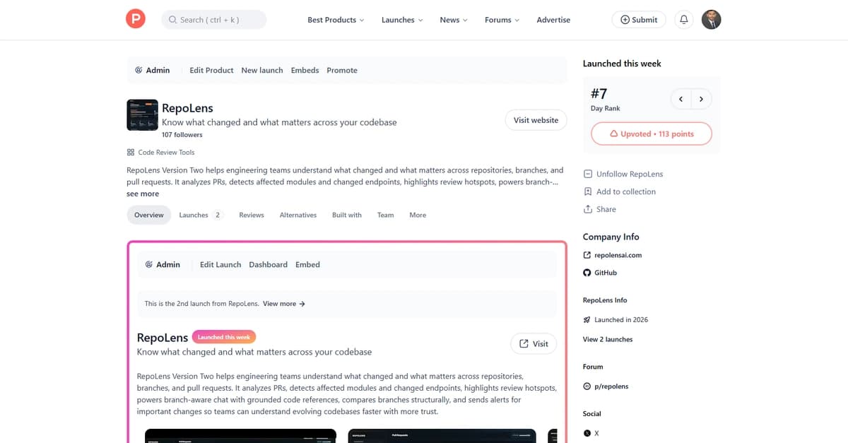 RepoLens Version 2、Product Huntでランキング#7を獲得 — コード変更インテリジェンスのためのAI構築